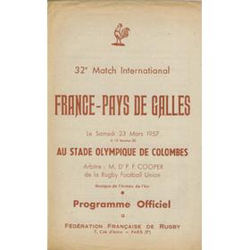 FRANCE V WALES 1957 RUGBY PROGRAMME