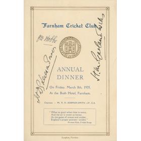 FARNHAM CRICKET CLUB 1935 SIGNED MENU (SIGNED BY HOBBS)