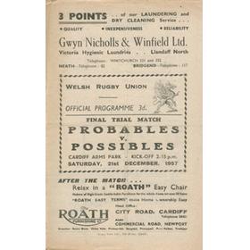 WALES PROBABLES V POSSIBLES 1957 RUGBY PROGRAMME