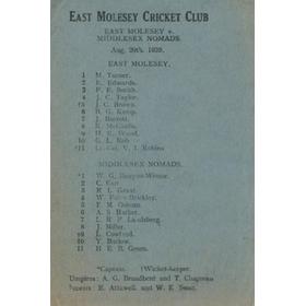 EAST MOLESEY V MIDDLESEX NOMADS 1939 SCORECARD
