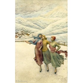 THREE WOMEN SKATING ON A LAKE WITH MOUNTAINS BEHIND (postcard)