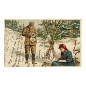 TWO SKIIERS STOPPING FOR REFRESHMENTS (BELGIUM) postcard