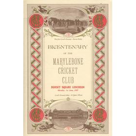 BICENTENARY OF THE MARYLEBONE CRICKET CLUB 1987 - LUNCHEON MENU