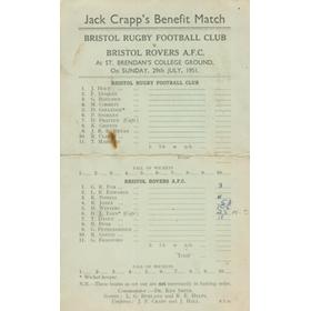 BRISTOL RUGBY FC V BRISTOL ROVERS 1951 CRICKET SCORECARD (JACK CRAPP