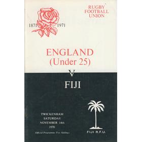 ENGLAND (UNDER 25) V FIJI 1970 RUGBY PROGRAMME