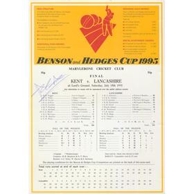 KENT V LANCASHIRE 1995 BENSON & HEDGES CUP FINAL CRICKET SCORECARD - SIGNED BY ARAVINDA