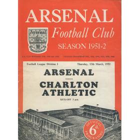 ARSENAL V CHARLTON ATHLETIC 1951-52 FOOTBALL PROGRAMME