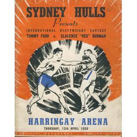 TOMMY FARR V CLARENCE "RED" BURMAN 1939 BOXING PROGRAMME