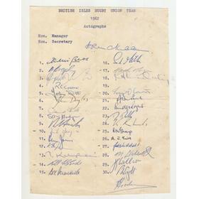 BRITISH LIONS TOUR TO SOUTH AFRICA 1962 AUTOGRAPH SHEET