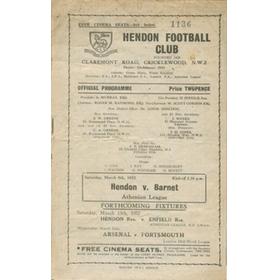 HENDON V BARNET 1951-52 FOOTBALL PROGRAMME