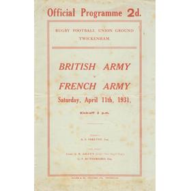 BRITISH ARMY V FRENCH ARMY 1931 RUGBY PROGRAMME