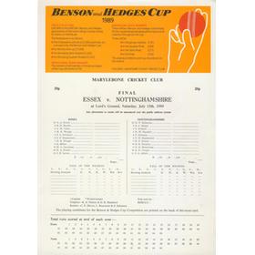ESSEX V NOTTINGHAMSHIRE 1989 (BENSON & HEDGES CUP FINAL) CRICKET SCORECARD