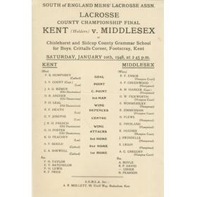 KENT V MIDDLESEX (COUNTY CHAMPIONSHIP FINAL) 1948 LACROSSE PROGRAMME
