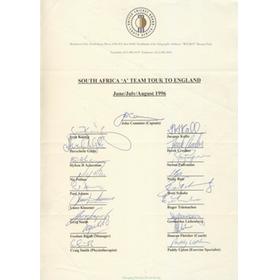 SOUTH AFRICA "A" TOUR OF ENGLAND 1996 CRICKET AUTOGRAPH SHEET