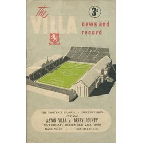 ASTON VILLA V DERBY COUNTY 1950-51 FOOTBALL PROGRAMME