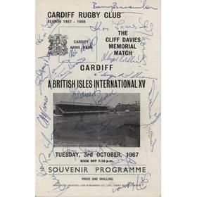 CARDIFF V BRITISH ISLES INTERNATIONAL XV 1967 SIGNED RUGBY PROGRAMME