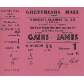 LARRY GAINS V GEORGE JAMES 1938 BOXING TICKET 