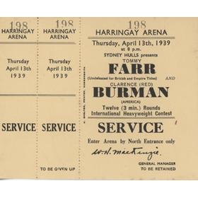TOMMY FARR V CLARENCE "RED" BURMAN 1939 BOXING TICKET 