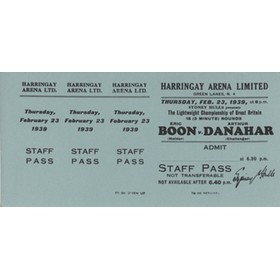 ERIC BOON V ARTHUR DANAHAR 1939 BOXING TICKET (FIRST LIVE TELEVISED FIGHT)