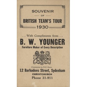 BRITISH LIONS RUGBY TOUR OF NEW ZEALAND 1930 FIXTURE CARD