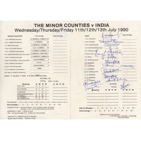 MINOR COUNTIES V INDIA 1990 (TROWBRIDGE) CRICKET SCORECARD - SIGNED BY INDIA