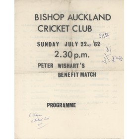 BISHOP AUCKLAND CRICKET CLUB 1962 PROGRAMME - PETER WISHART