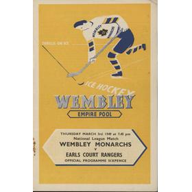 WEMBLEY MONARCHS V EARL COURT RANGERS 1948-49 ICE HOCKEY PROGRAMME