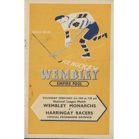WEMBLEY MONARCHS V HARRINGAY RACERS 1948-49 ICE HOCKEY PROGRAMME