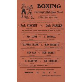 JACK VINCENT V DICK PARKER (SHEFFIELD) 1932 BOXING FLYER POSTER