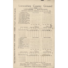 LANCASHIRE V AUSTRALIANS 1938 CRICKET SCORECARD
