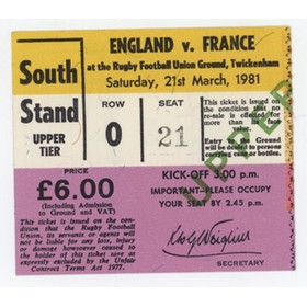 ENGLAND V FRANCE 1981 RUGBY UNION TICKET (FRANCE GRAND SLAM)