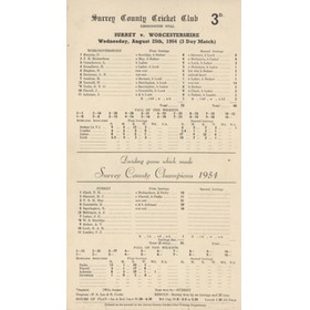SURREY V WORCESTERSHIRE 1954 (LOWEST AGGREGATE TOTAL OF 65) CRICKET SCORECARD - SURREY CONFIRMED AS CHAMPIONS
