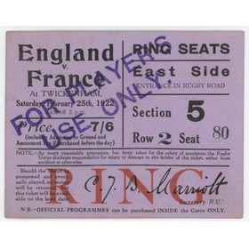 ENGLAND V FRANCE 1922 RUGBY UNION TICKET