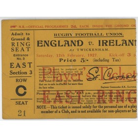 ENGLAND V IRELAND 1927 RUGBY UNION TICKET