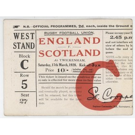 ENGLAND V SCOTLAND 1928 RUGBY UNION TICKET (ENGLAND GRAND SLAM)