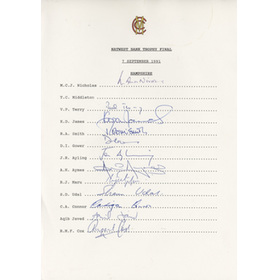 HAMPSHIRE COUNTY CRICKET CLUB 1991 AUTOGRAPH SHEET - NATWEST FINAL