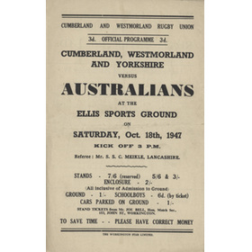 CUMBERLAND, WESTMORLAND AND YORKSHIRE V AUSTRALIA 1947 RUGBY PROGRAMME