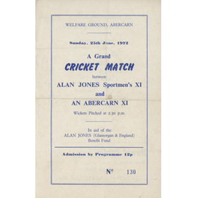 ALAN JONES XI V ABERCARN XI 1972 CRICKET PROGRAMME - ALAN JONES BENEFIT MATCH