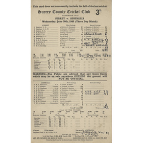 SURREY V AUSTRALIANS 1948 CRICKET SCORECARD