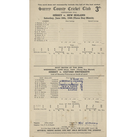 SURREY V NEW ZEALAND 1949 CRICKET SCORECARD