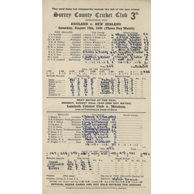 ENGLAND V NEW ZEALAND 1949 (OVAL) CRICKET SCORECARD