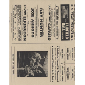 WRESTLING FLYER 1966 (FAIRFIELD HALL, CROYDON) - INCLUDING RAY HUNTER, BRUNO ELRINGTON ETC.