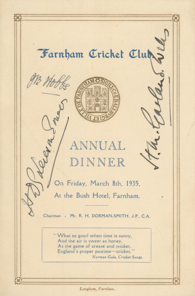 FARNHAM CRICKET CLUB 1935 SIGNED MENU (SIGNED BY HOBBS) Cricket Menus
