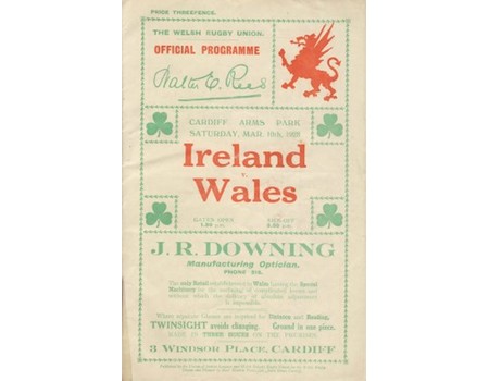 WALES V IRELAND 1928 RUGBY UNION PROGRAMME