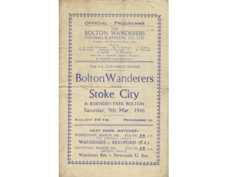 BOLTON WANDERERS V STOKE CITY 1945/46 (BURNDEN PARK TERRACE DISASTER) FOOTBALL PROGRAMME