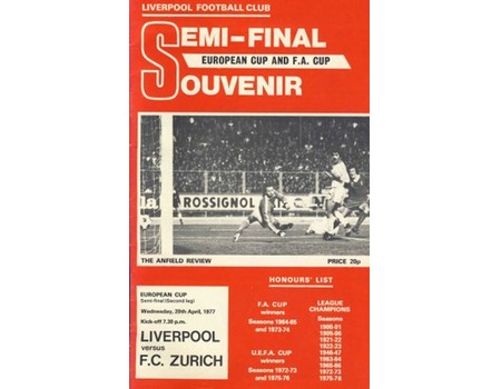 LIVERPOOL V F.C. ZURICH 1976/77 (EUROPEAN CUP SEMI-FINAL) FOOTBALL PROGRAMME