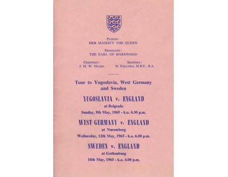 ENGLAND TOUR TO YUGOSLAVIA, WEST GERMANY AND SWEDEN 1965