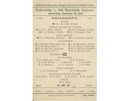 OXFORD UNIVERSITY V OLD MERCHANT TAYLORS 1919 RUGBY PROGRAMME