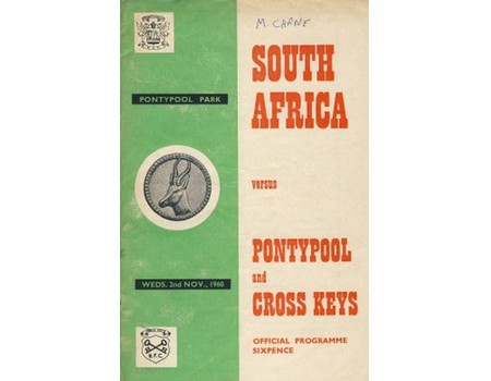 PONTYPOOL & CROSS KEYS V SOUTH AFRICA 1960-61 SIGNED RUGBY PROGRAMME