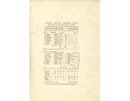 NOTTINGHAMSHIRE V YORKSHIRE 1901 CRICKET SCORECARD - NOTTS BOWLED OUT FOR 13
